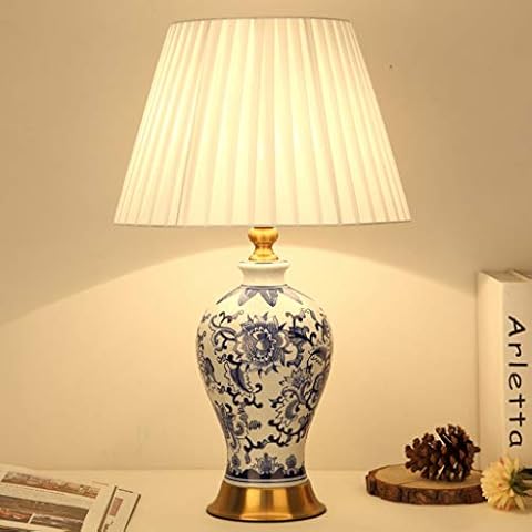 Table lamp Lxn Blue and White Porcelain Creative Ceramic Lamp Bedroom Bedside Lamp E27 Button Switch Club Hotel Decorative Lamps [Energy Class A++] Cover