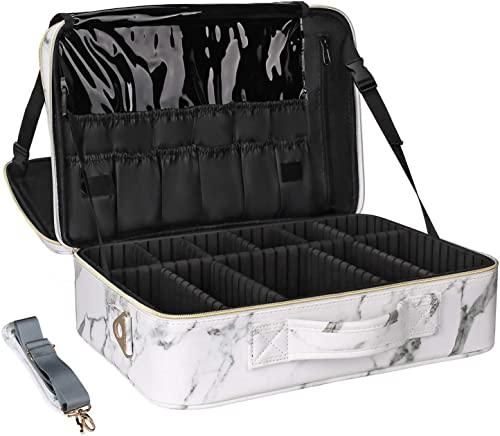 Image of Adson Large Makeup Bag 3 Layers Professional Train Cosmetic Bag Makeup Organizer Case Artist Storage Brush Box with Adjustable Dividers and Strap for Makeup Accessories (White Marble Pattern)