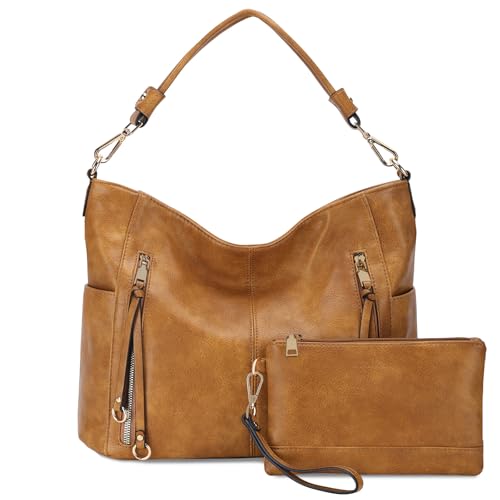 Chase Chic Bolsos de Mujer Hobo, Bolsos Bandolera Bolsos Tote Bolsos de hombro Grande PU Cuero Monedero Carteras 2pcs Set, Marrón Amarillento