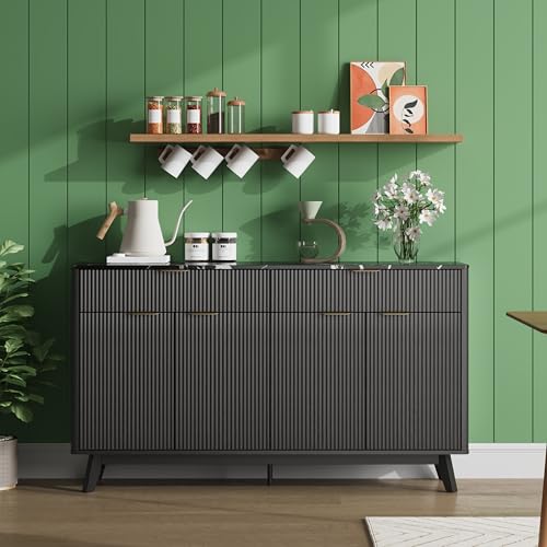 GarveeLife 60'' Sideboard Buffet Storage Cabinet with 2 Drawers 4 Doors & Adjustable Shelves Black Wave