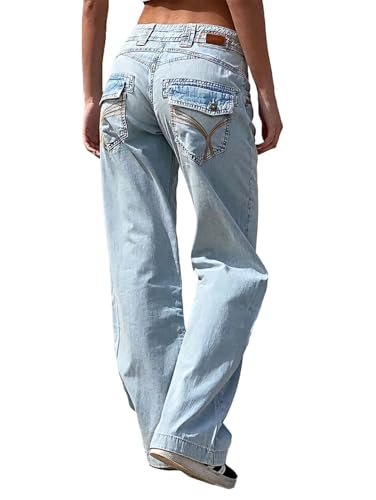 Flamingals Low Waisted Straight Leg Cargo Jeans for Women Stretch Casual Stitch Detail Denim Jeans