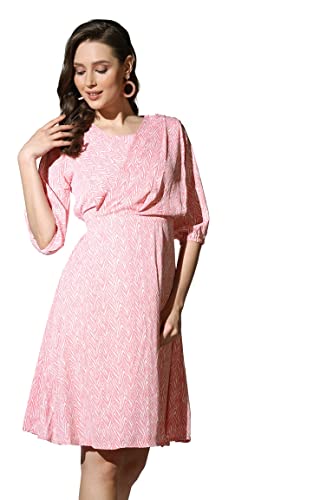 Image of Leriya Fashion Dresses for Women | Fancy Rayon Zig Zag Printed Faux Wrap Western Dress | Fit & Flare Knee Length Dresses for Girls | Loose Narrow Elastic Cuffs Sleeves