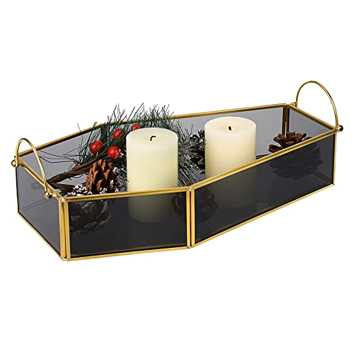 ELLDOO Bandeja de ataúd de cristal dorado y negro, bandeja de joyería gótica para decoración del hogar, bandeja de servir en forma de ataúd, bandeja decorativa espeluznante con asa, bandeja de velas
