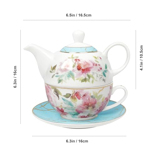 fanquare Pink Floral Teapot, Tea Cup and Saucer Set with Gold Trim, Porcelain Tea for One Tea Set for Gift, Blue by fanquare - Used condition - Image 7