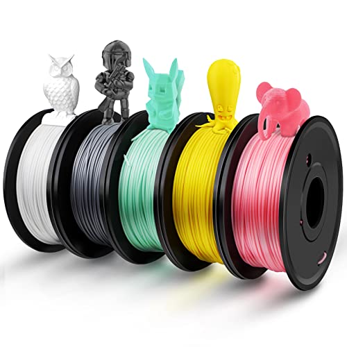 5 Colors PLA Filament 3D Printing Filament PLA Filament 1.75MM 250G 3D Printer Filament PLA Filament 1.75MM Bundle No Clogging & Bubbles Neat Winding High Precision Temperature 190-210 Degree