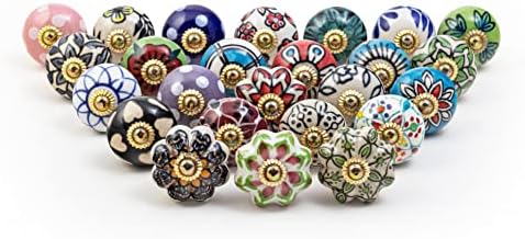 Gałki drzwiowe - Ceramiczne pokrętło drzwi Zestaw 25 Multi Color Cableet i Wnętrze Handmade Szuflady Pull Uchwyt Kuchenny Drzwi Szafy Sprzęt Dresser Blue Ceramery Kwiat Szuflady