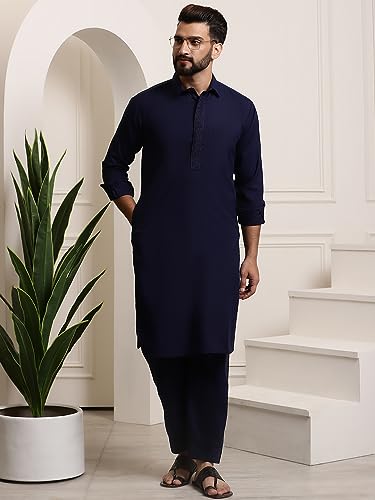 Image of SOJANYA Men's Cotton Silk Pathani Kurta Set with Wide Leg Straight Fit Salwar