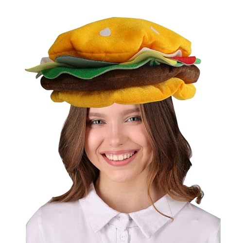 Hooin Burger Hat for Adults - 3D Plush Hamburger Costume Headwear - Funny Fast Food Fancy Dress Hat for Themed Parties, Cosplay & Events