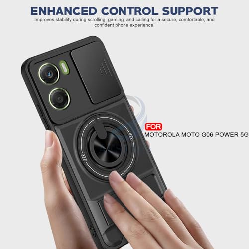 Image of AESTMO Moto G06 Power 5G Back Cover | Armor Camera Slider 360 Degree Rotating Finger Ring Holder Case with Bracket Stand Back Case Cover (Compatible with MagSafe Accessories) (Black)
