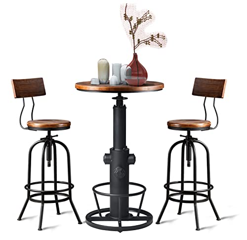 3-Piece Bar Height Table & Stools Sets for Cocktail Bistro Home Pub Party, Weld Metal Legs Round Wood Top, Rustic Brown Industrial Black Adjustable Swivel (1×38.6"-48.4" Table, 2×26"-32" Stool)