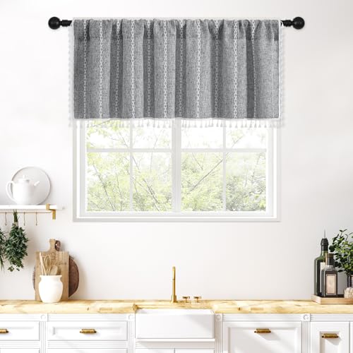 Cenefas de cocina MitoVilla gris oscuro de lino y algodón con borlas para ventanas de 52x18'' 2