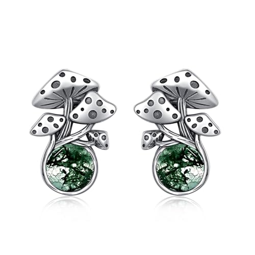 Mushroom Earrings 925 Sterling Silver Moss Agate Mushroom Stud Earrings Mushroom Jewelry Gifts for Women Birthday Anniversary