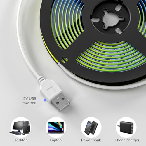 Image of 6.56FT /2M 5V USB LED Light Strip Green Flexible High Density COB Strips 640LEDs, 8mm LED Tape for Under Cabinet Bedroom No Controller and Power