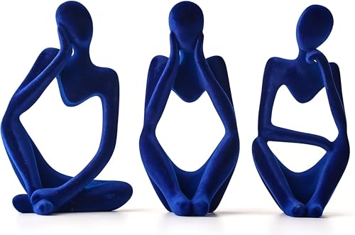 XINXUAN Thinker Statue Home Decor-Bookshelf & Living Room&Mantel-Collectible Figurines - 3 PCS Set (Flocking Blue)