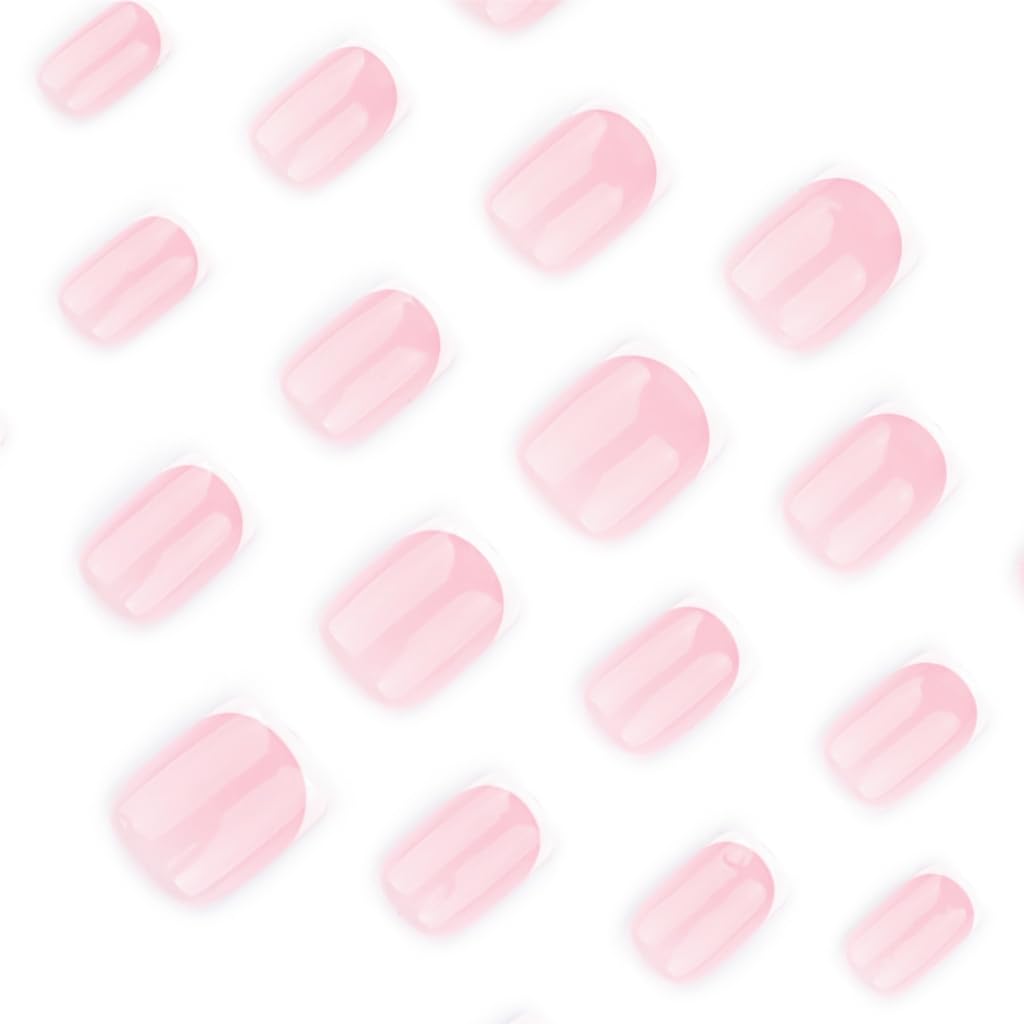 Pack Of 24 Short Square French Tip Glossy Acrylic Stick On Nails Full Covers Nails Artfor Women