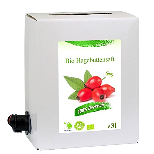 GutFood - 3 Liter Bio Hagebuttensaft - Bio Hagebutte Saft in praktischer Bag in Box Packung ( 1 x 3 l Saftbox ) - Muttersaft aus Bio Hagbutten Erstpressung in Spitzenqualität aus ökologischem Landbau