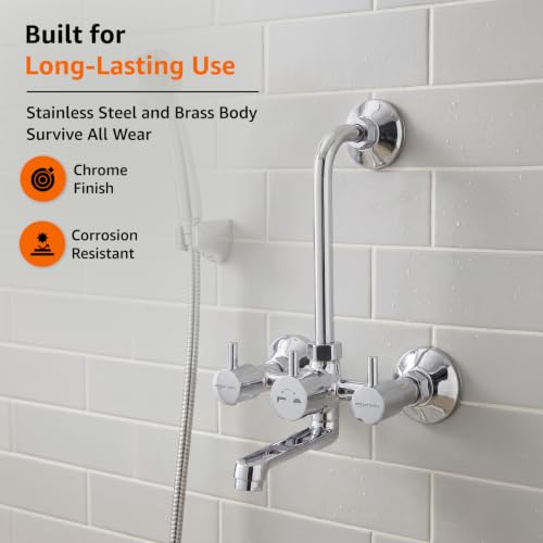 Image of Amazon Basics Wall Mixer | Dual Flow Type | ABS Plastic Body with Ceramic Disc Cartridge and L-Bend Provision | 1 /2 BSP Inlet | Bathroom Use [Chrome]