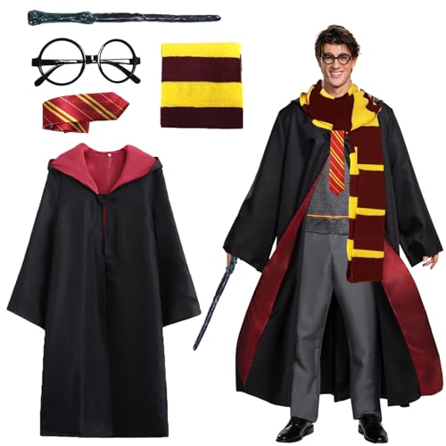 Sidesea Wizard Cloak, Halloween Costumes Adults Magic Robe Costume with Glasses Scarf Wand and Tie for Adults, Red Magic School Uniform, Fancy Dress for Carnival Cosplay Costume Party