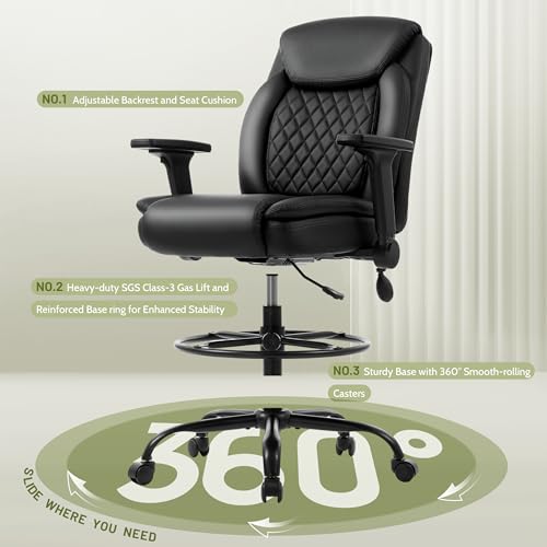 Image of Drafting Chair,Executive Tall Office Chair Flip-up Armrests for Counter Height Desk Drawing Use,High Task Chair with Adjustable Foot Ring & Inflatable Lumbar Support, Swivel Computer Stool,PU Black