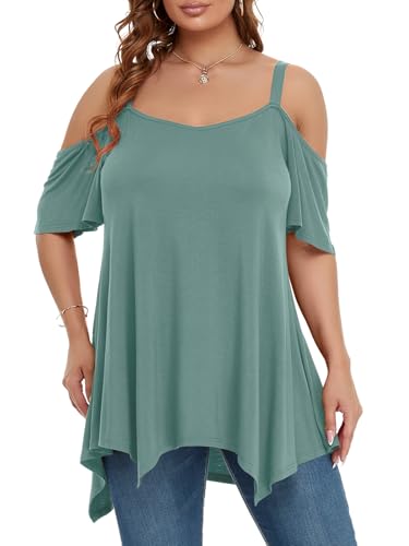 Image of LARACE Cold Shoulder Tops for Womens Summer Clothes Spaghetti Strape Tunic Oversized Shirts Asymmetrical Plus Size Blouse