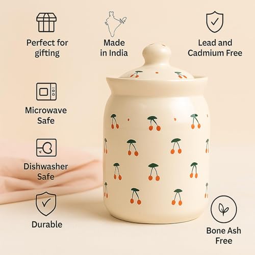 Image of Handcrafted Ceramic Jar with Lid 1000 mL | Traditional HandPainted Kitchen Storage Container | Pickle, Spice, Sugar, Tea, Coffee Canister | Pottery Home & Gift (Set of 1) (Embossed Handmade Cherry)
