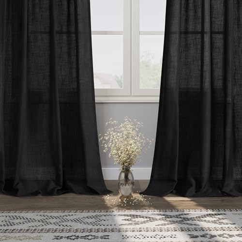 Image of Nanspring Black Semi Sheer Linen Curtains 84 inch Length for Living Room Back Tab Rod Pocket Modern Farmhouse Coastal Decor Black Cotton Textured Gauze Curtains for Dining Room Office 38x84