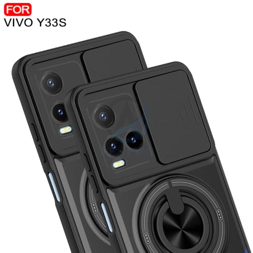 Image of AESTMO Vivo Y33S Back Cover | Armor Camera Slider 360 Degree Rotating Finger Ring Holder Case with Bracket Stand Back Case Cover (Compatible with MagSafe Accessories) (Black)