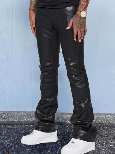 GORGLITTER Men's Casual Stacked PU Leather Flares Pants Wide Leg Skinny Motorcycle Biker Pants2