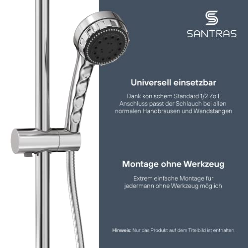 SANTRAS® Duschschlauch PREMIUM Chrom 0,80 m MADE IN GERMANY mit Wassersparer – Besonders flexibel und verdrehsicher mit DURCHFLUSSBEGRENZER – Brauseschlauch in Edelstahloptik aus Easy Clean Material