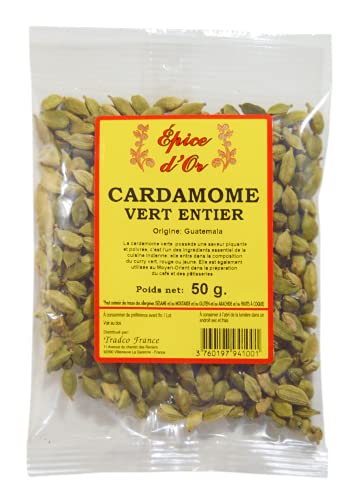Cardamome Verte Entier 50g - Epice d'Or, 100% Naturelle, Sans Colorant, Sans Additifs, Sans Arôme Artificiel, Sans Conservateur