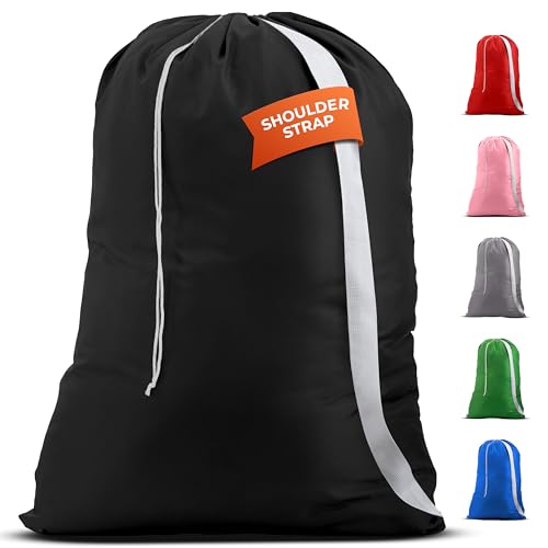 Handy Laundry Bag Shoulder Strap Extra Large - Drawstring Locking Closure, Durable Material, Heavy Duty Stitching, Hands Free Carrying - Perfect College Dorm (Black, 30' x 40')