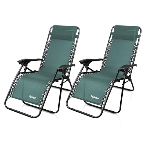 Todeco Chaise Longue Transat Jardin Plein Air, Transat de Plage Pliable, Bain de Soleil avec Repose-tête, d’accoudoirs Réglables, Lot de 2 Chaise de Camping en...