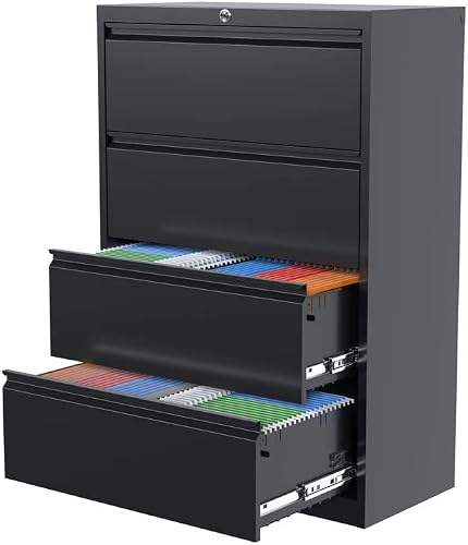 Aobabo 35.55'' W 4 Drawer Lateral File Cabinet,Lockable Black Metal File Cabinet with Adjustable File Bars Cabinet, Letter Legal Size Filling Cabinet for Office Home, Assembly Required