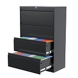 Aobabo 35.55'' W 4 Drawer Lateral File Cabinet,Lockable Black Metal File Cabinet with Adjustable Fil