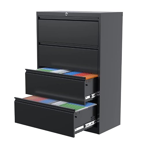 Aobabo 35.55'' W 4 Drawer Lateral File Cabinet,Lockable Black Metal File Cabinet With Adjustable File Bars Cabinet, Letter Legal Size Filling Cabinet For Office Home, Assembly Required #TOP8