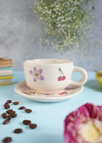 Image of WEAVING HOMES Handcrafted Ceramic Mug & Dessert Plate to Gift to Best Friend and Love Microwave Safe Cherry Fields Mug & Dessert Plate Set (Set of 2, Multicolor)