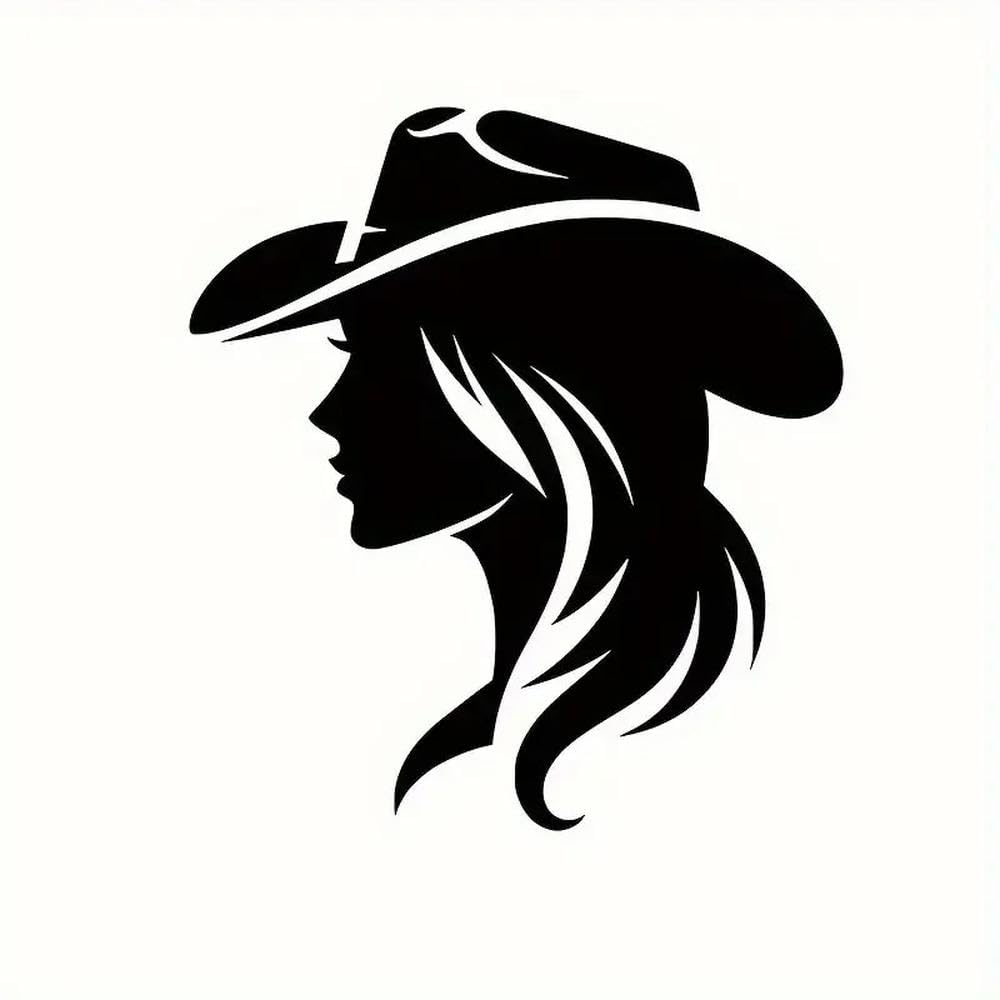 Western Cowgirl Vinyl Decal Car Sticker with Black Silhouette Flowing Hair Cowboy Hat Des(Black)