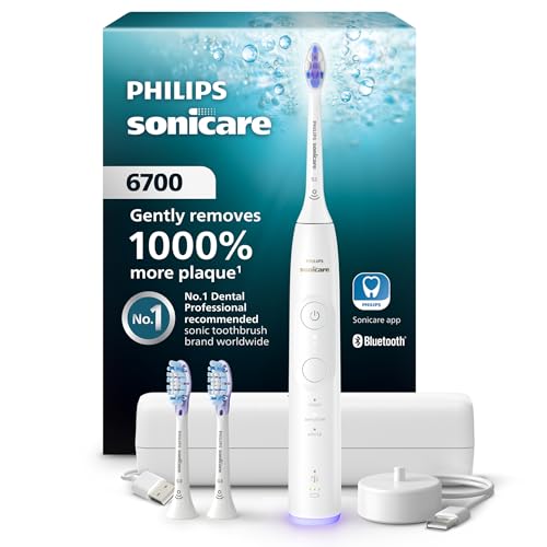 Philips Sonicare 6700 Series Electric Toothbrush, Pressure Sensor, 9 Brushing Settings, SmarTimer, BrushPacer, 21-Day Runtime, Travel Case, for Gum Health & Sensitive Teeth, White, HX7410/07