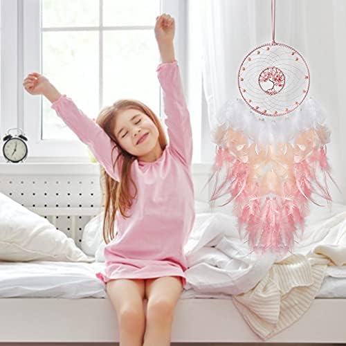 LOMOHOO Tree of Life Dream Catcher Pink Feather Dreamcatcher Wall Decor with Natural Healing Crystal Stone,Perfect Handmade Home Décor and Bedroom Décor