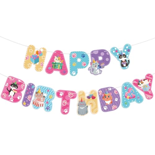 Image of Hooqict Happy Birthday Banner Cat Birthday Decorations Colorful Party Banner Garland Sign for Kids Girls Boys 1st 2nd 3rd Funny Cat Themed Birthday Party Decorations Supplies