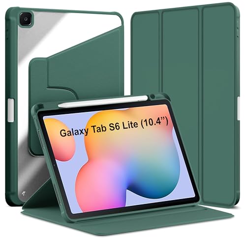 Image of TGK Rotating Case for Samsung Galaxy Tab S6 Lite 10.4 inch SM-P610 P615 P613 P619 with Pencil Holder Trifold Stand Cover Clear Back (Forest Green)