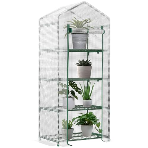 Outsunny Invernadero de Jardín con 4 Estantes y Cubierta de PE 140g/m² Tipo Caseta de Tubo Acero Vivero Casero para Cultivo de Plantas Flores Macetas Balcón Terraza 70x50x160 cm Blanco