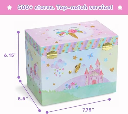 Jewelkeeper Einhorn Schmuckaufbewahrung - Musikalisches Schmuckkästchen für Kinder mit 4 Ausziehschubladen - Melodie Wunderschöner Träumer - Holz - 19,1 x 12,1 x 15 cm - Rosa