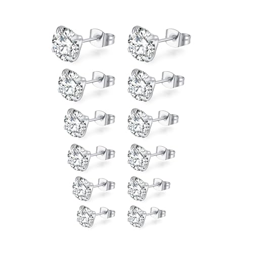 Mochity 6 pares Pendientes Acero Inoxidable Mujer, Circoniña Pendientes Brillantes Diamante, Pendientes 14K Oro Plateado Pendiente, Pendientes Hipoalergenicos Para Mujer Hombre (Plata)