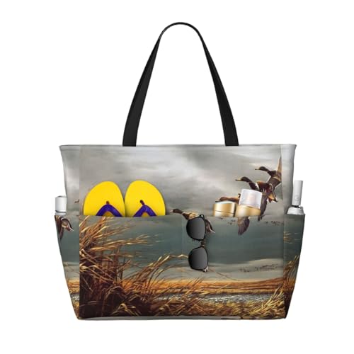 Grand sac de plage grand sac à bandoulière femme motif chasse aux canards sauvages volants