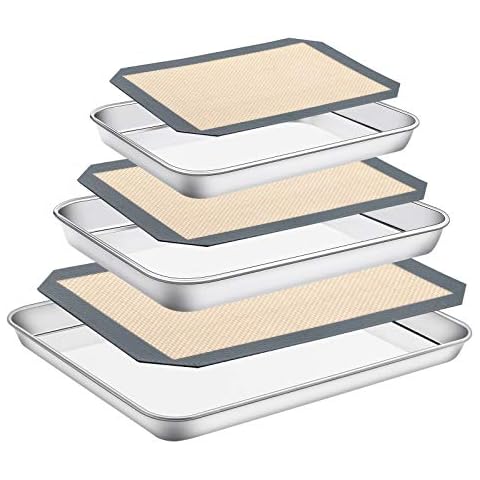 Stainless Steel Baking Sheet with Silicone Mat Set, Set of 6 (3 Sheets + 3 Mats),Size 16,12,9 inch, Estmoon Nonstick Cookie Sheet Baking Pan Non Toxic & Heavy Duty & Easy Clean , Dishwasher Safe Cover