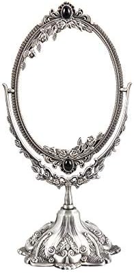 Feyarl 11.2 inch Vintage Makeup Mirror Floral Tabletop Oval Vanity Mirror with Stand Dressing Room Swivel Double Sided Elegant Decorative Mirror Embossed Frame (Pewter)