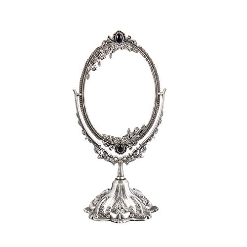 Feyarl 11.2 Inch Vintage Makeup Mirror Floral Tabletop Oval Vanity Mirror With Stand Dressing Room Swivel Double Sided Elegant Decorative Mirror Embossed Frame (Pewter) #TOP21