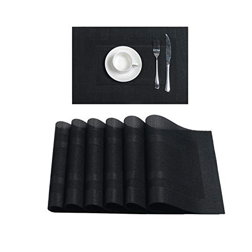 Pauwer Placemats Set of 6 Crossweave Woven Vinyl Placemats for Dining Table Heat Resistant Non-Slip Washable PVC Kitchen Table Mats Wipe Clean, Black