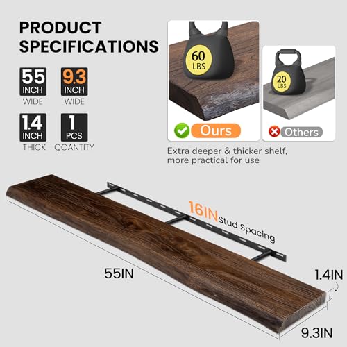 Image of Floating Shelves for Wall, 55 inchx9.3 inch Rustic Solid Live-Edge Elm Wood Wall Shelves, Heavy-Duty Floating Shelves with Invisible Brackets, Set of 2 for Living Room, Bedroom, and Kitchen, Walnut Finish